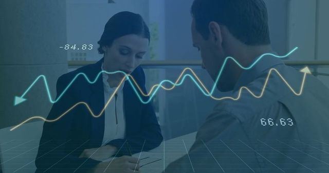 Business Professionals Analyzing Document with Digital Graph Overlay