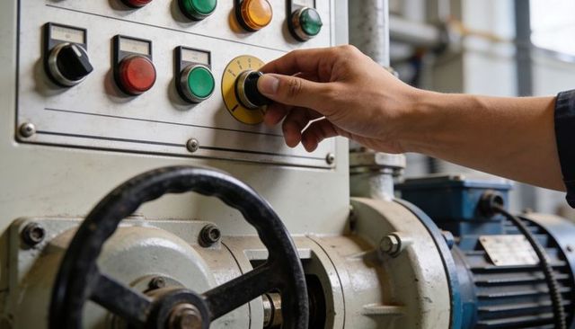 Operator hand turning control knob on industrial machine control panel for motor adjustment