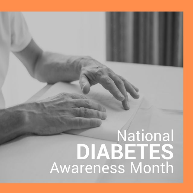 National diabetes awareness month over hands of senior caucasian man reading. Health, medicine and diabetes awareness concept.