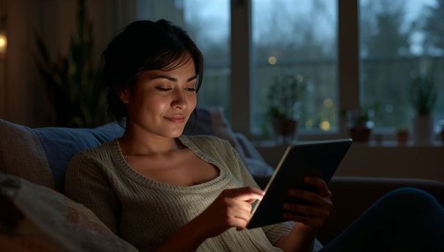Cozy evening at home: woman reclining on sofa reading glowing tablet in warm light