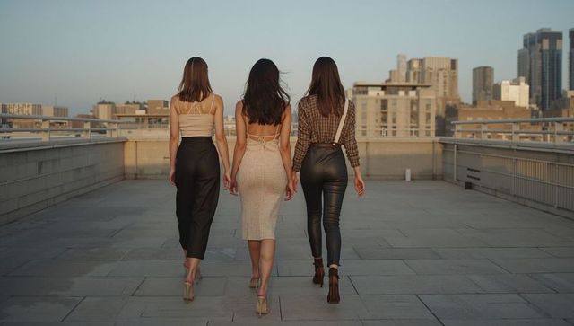 Three women walking on urban rooftop at sunset wearing chic outfits and crossbody bags