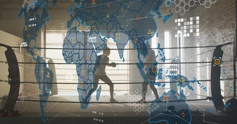 Boxers sparring in industrial warehouse ring with augmented global HUD and dramatic backlight