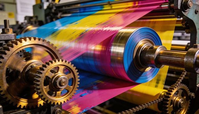 Close-up cmyk web press roller turning with vibrant cyan magenta yellow inks and gears