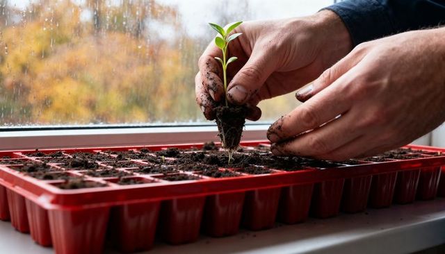 Hands planting seedling in red tray on rainy windowsill for home gardening