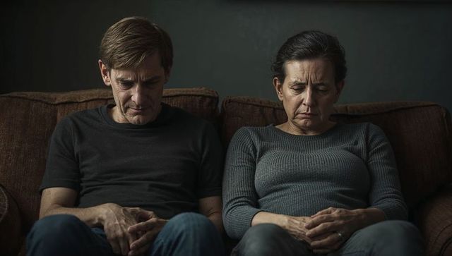 Middle-aged couple sitting in silence on brown sofa conveying tension, sorrow and quiet estrangement