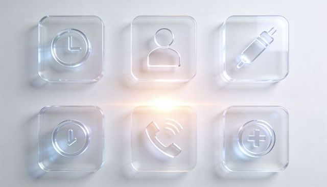 Glass ui icon tiles in 3x2 grid on minimal white surface with soft light glow