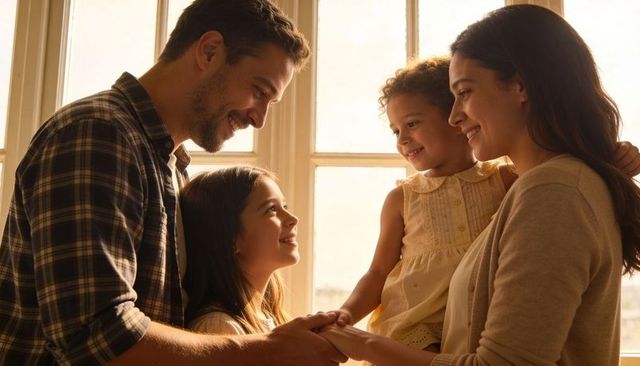 Family of four holding hands by sunlit window, parents embracing smiling children