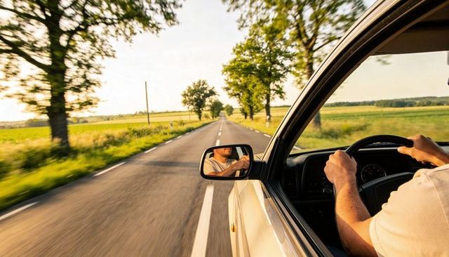 Man driving car on sunlit country road at golden hour with motion blur and open window