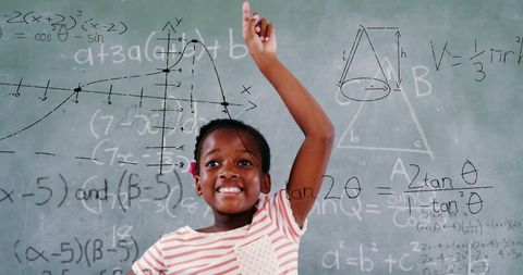 Cheerful Student Raising Hand Among Math Equations - Download Free Stock Images Pikwizard.com
