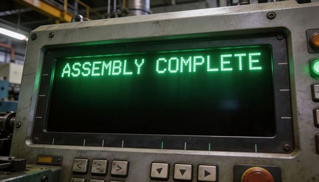 Green led control panel displaying assembly complete on worn industrial machine console