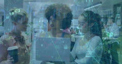 Diverse team collaborating overlapping digital financial data visualization