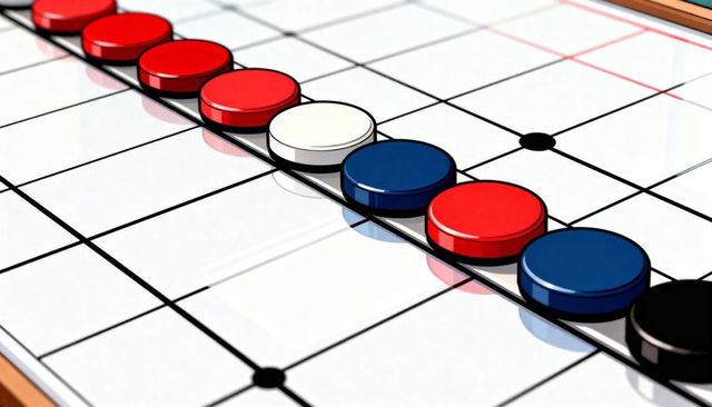 Shiny Multicolored Game Tokens Forming Diagonal Line on Glossy Checkered Board with Pencil