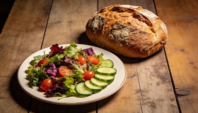 Rustic artisan bread with fresh garden salad featuring cherry tomatoes and cucumber