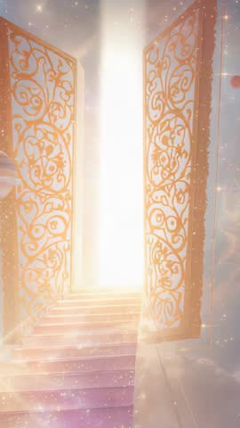 Golden Gates Swinging Open to Radiant Stairway Rising into Clouds Vertical Video Loop
