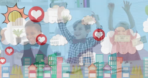 Diverse Children Engaging with Digital Connection Icons in School