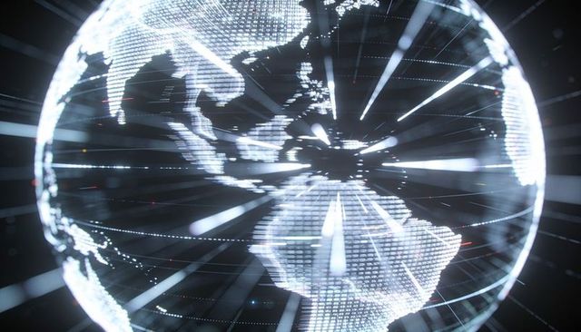 Rotating holographic globe emitting radial data beams over dark neon grid casting sparks