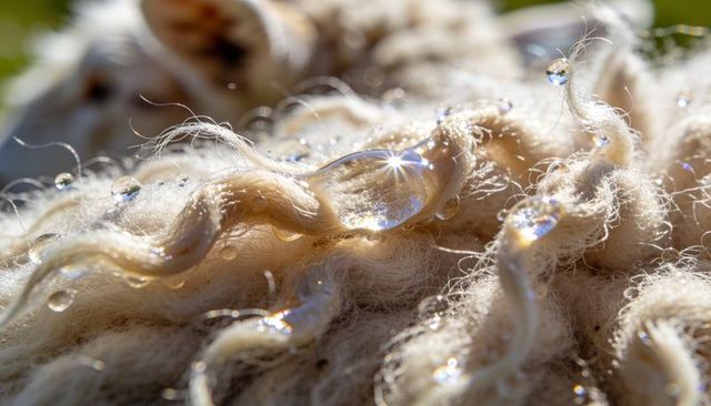 Sunlit wool fiber macro close-up with dew droplets and sparkling glints on curly fleece texture