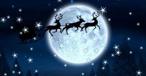 Christmas Sleigh Silhouette with Moonlight and Falling Snow