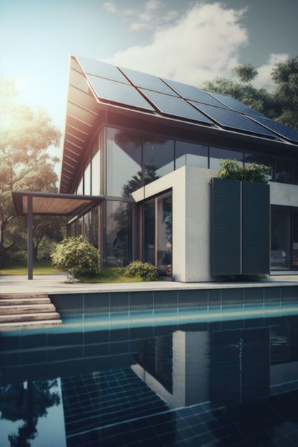 Modern Eco-Friendly House with Solar Panels and Pool in Sunlight - Download Free Stock Images Pikwizard.com