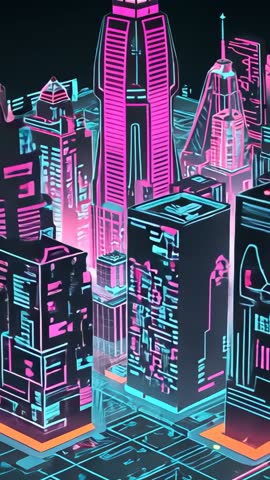 Vertical neon holographic cityscape panning around futuristic domed skyscraper over glowing grid