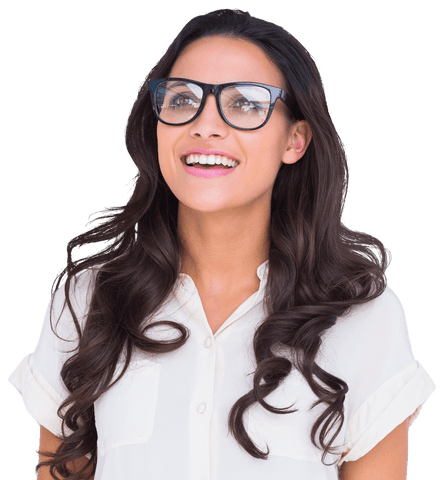 Cheerful brunette woman in glasses with bright smile on transparent background