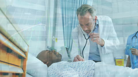 Doctor Monitoring Patient in Hospital Surgery Simulated by Technology Screen