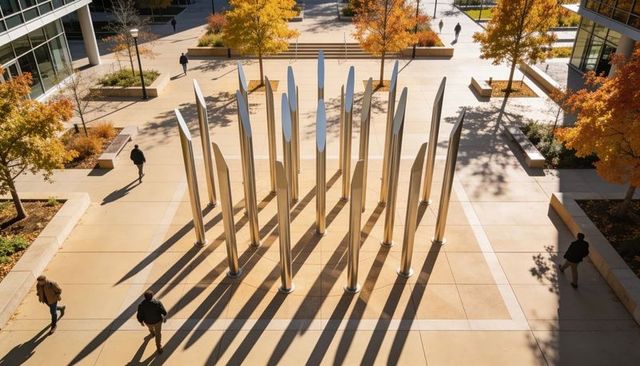 Sunlit steel obelisks casting long shadows in autumn campus plaza with pedestrians