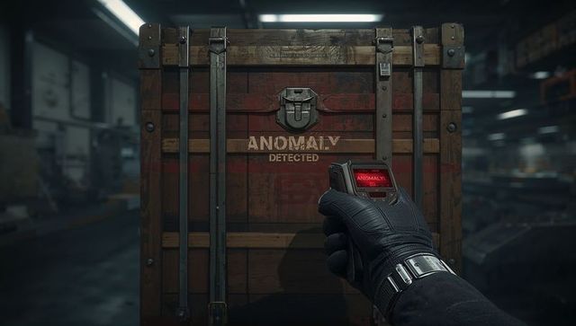 Gloved hand scanning wooden crate stenciled anomaly detected with red scanner
