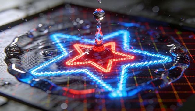 Neon star led ripples with water droplet splash, macro high-speed refraction close-up