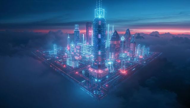 Futuristic Floating City with Neon Lights at Dusk