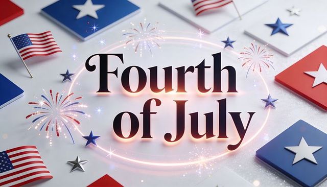 Celebrating fourth of july with american flags, stars and fireworks glow