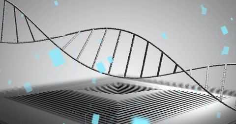 Abstract dna strand icon over data processors