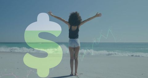 Woman Enjoying Beach with Financial Growth Symbols