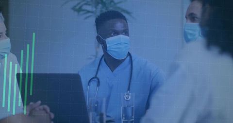 Doctor Collaborating in Hospital Meeting with Digital Technology Overlay