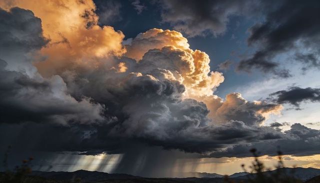 Towering Cumulonimbus Storm Cloud at Golden Sunset Shedding Rain Shafts Over Desert Ridge