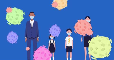 Family Wearing Masks with Coronavirus Particles Illustrations