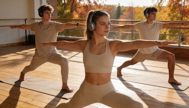 Sunlit headphone-guided yoga class with woman leading two peers in warrior ii pose