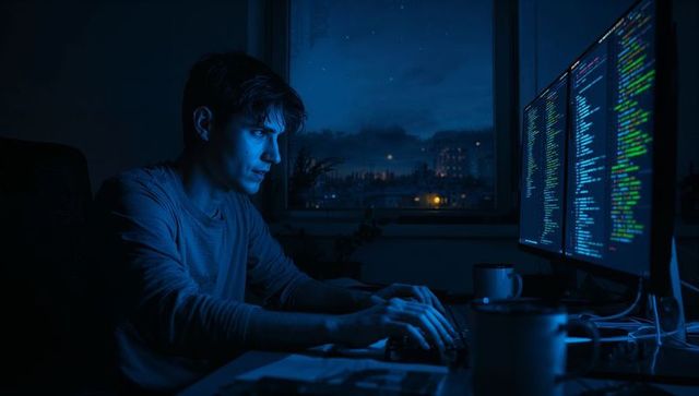 Night coder working on dual monitors in urban home workspace bathed in blue light