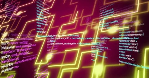 Glowing neon circuitry with program code display