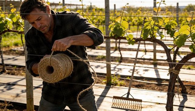 Farmer tying vine to trellis with twine in sunlit vineyard row harvest preparation
