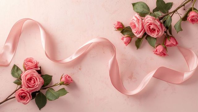 Pink Roses with Satin Ribbon on Pastel Background