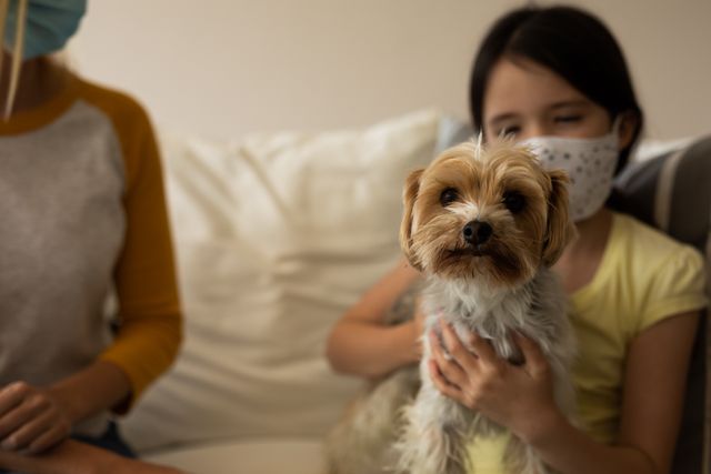 Little caucasian girl carrying a dog while sitting on the couch beside her mother at home. both she and her mother are wearing face masks.