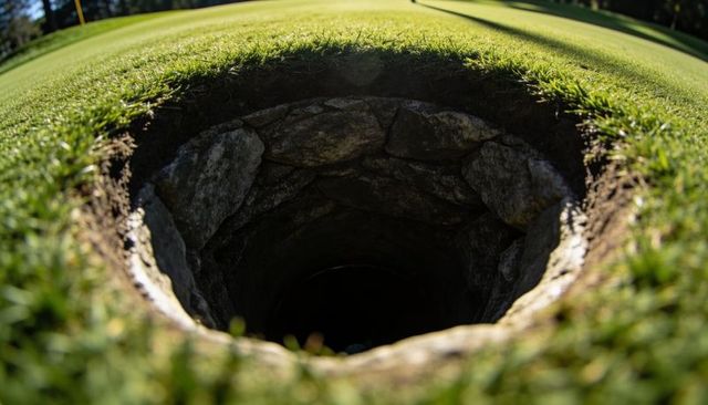 Stone-lined golf hole plunging into dark void on sunlit green with flag shadow