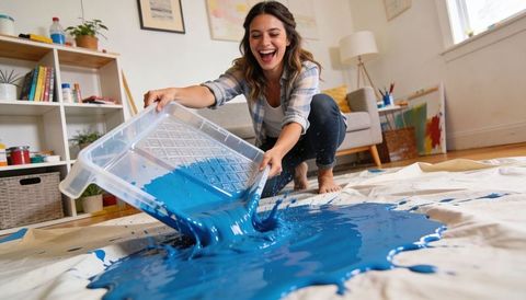 Joyful woman pouring bright blue paint on drop cloth in living room, diy painting splash