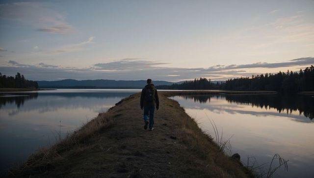 Solo male hiker walking along narrow grassy spit into calm lake at dawn