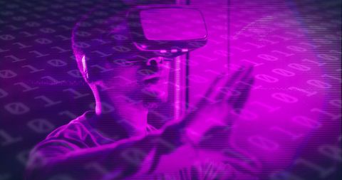 African American Man in VR Headset with Binary Overlay