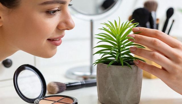 Young woman touching succulent on vanity while preparing makeup