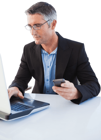 Businessman in Black Suit Using Laptop and Smartphone Transparent Background - Download Free Stock Videos Pikwizard.com