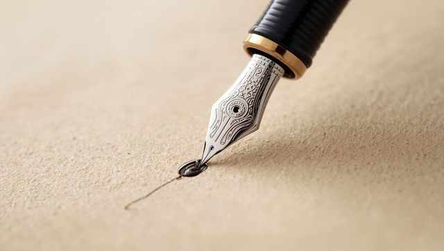 Luxury fountain pen nib touching textured paper leaving black ink droplet and line