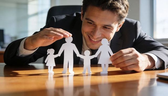 Businessman sheltering paper family cutouts on desk for family insurance and security